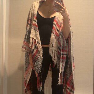 Size Small Plaid Hooded Shawl with Fringe